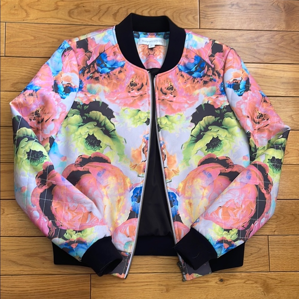 Floral Bomber Jacket with Black Trim